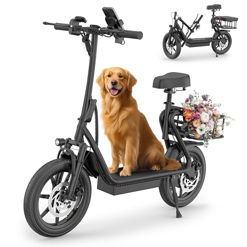 Electric Scooter with Seat, 500W Motor, 14'' Tires, Top Speed 22 mph, Max 27/49 Miles Ranges, Foldable E-Scooter with Suspension