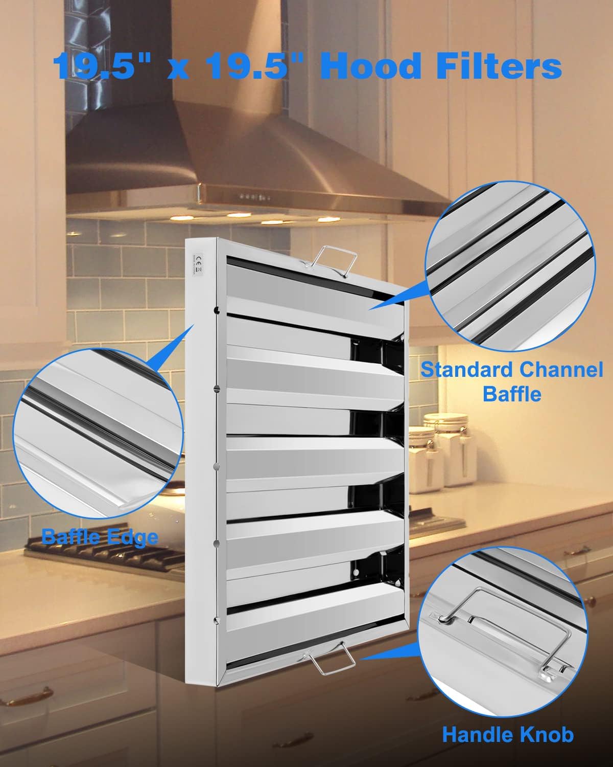 Hood Filters 19.5W x 19.5H Inch, 430 Stainless Steel 4 Grooves Commercial Hood Filters