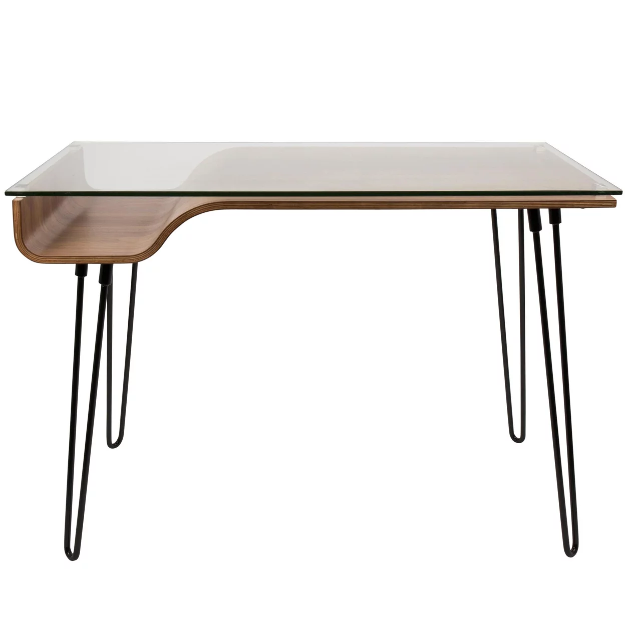 Indoor Home Office Furniture Avery Mid-Century Modern Desk In Walnut Wood, Clear Glass, And Black Metal