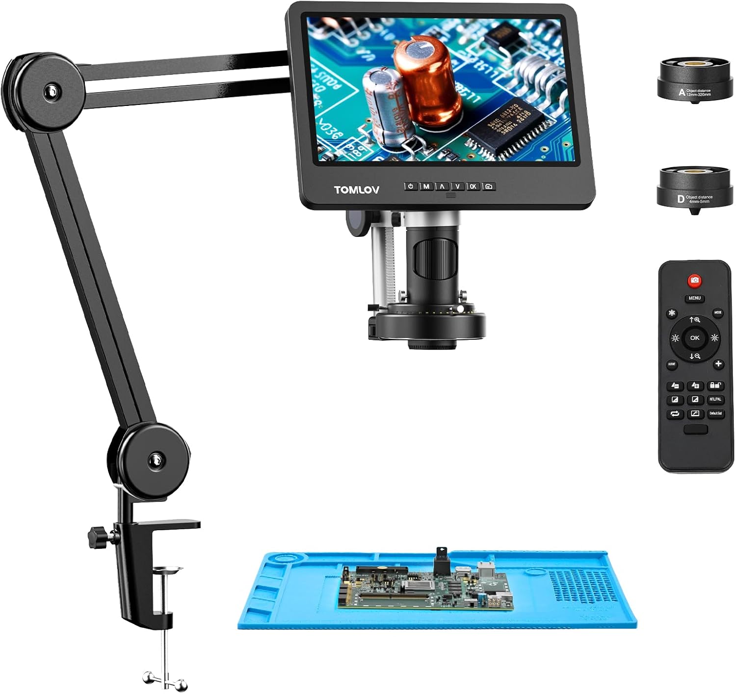 TOMLOV DM602 Flex Digital Soldering Microscope 2000x, Flexible Arm, 10.1" HDMI Microscope with 3 Lens, Coin Microscope with Ring Light