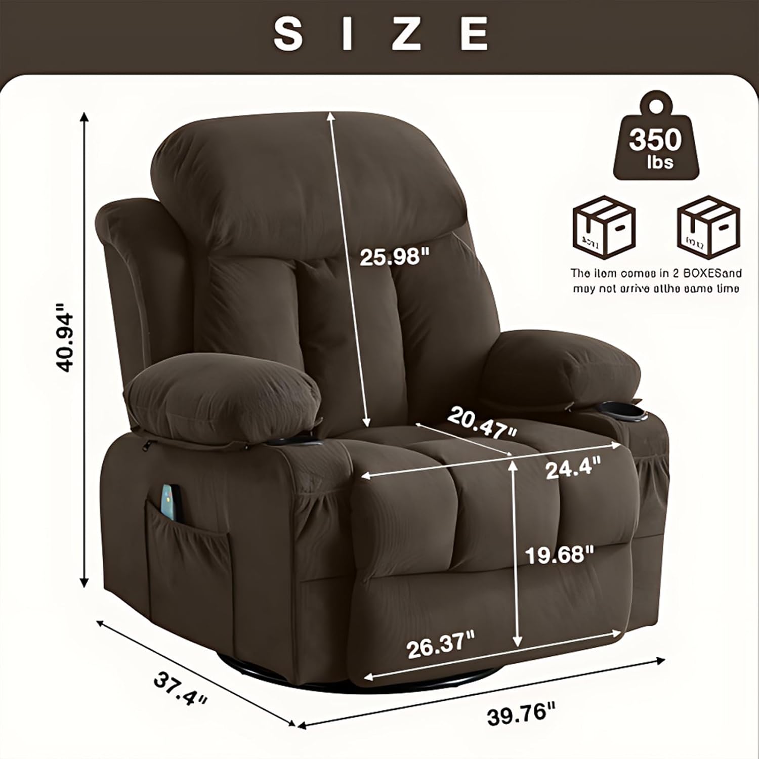Swinging Recliner Massage Heated Sofa, Massage Recliner Chair with Adjustable Backest and USB Port
