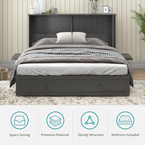BALUS Queen Murphy Bed Cabinet, Murphy Beds with USB Charging Station, Foldable Mattress