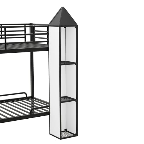 Full-Over-Full Castle Style Bunk Bed with 2 Drawers and 3 Shelves, Wood Bunk Bed Frame with Slide and Storage Staircase for Kids Teens Boys Girls