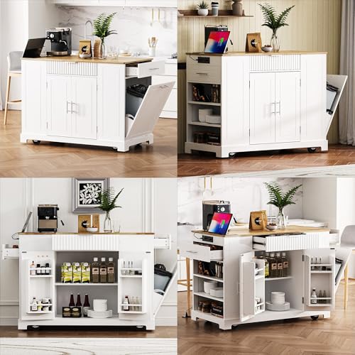 60" Kitchen Island with Drop Leaf and Power Outlet, Rolling Kitchen Cart on Wheels with Trash Can Storage Cabinet, Spice Rack