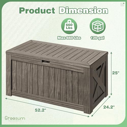 Greesum 120 Gallon Outdoor Storage Box with Lock - Large Resin Deck Box, Reinforced Lid for Garden, Patio, Lawn, Black