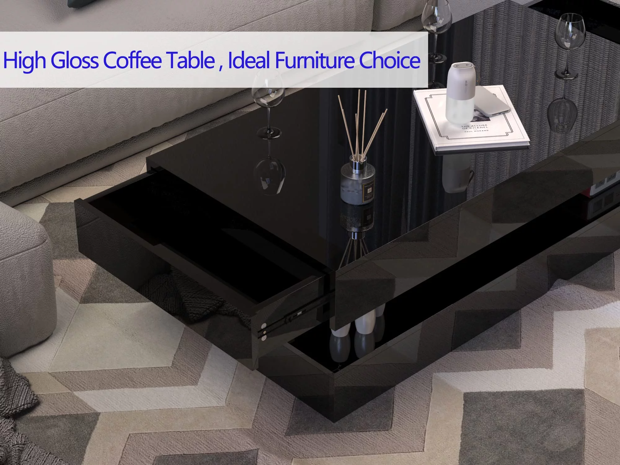 ChVans LED Coffee Table with 2 Storage Drawers, Modern High Gloss Black Coffee Table w/20 Colors LED Lights & APP Control, Large Living Room Furniture