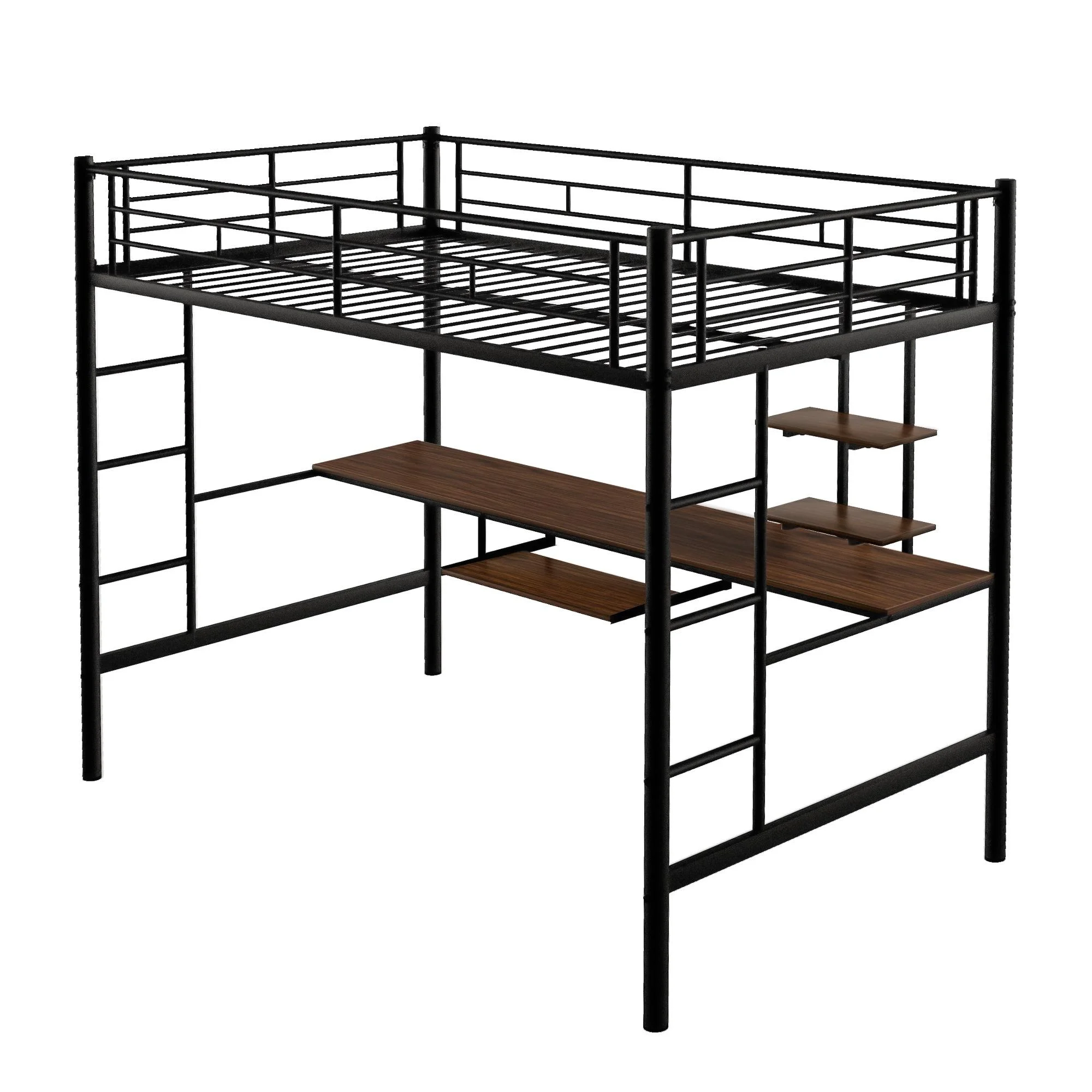 Bellemave Full Size Loft Bed with Desk and Shelves, Metal Loft Bed Frame with Built-in 2 Ladders