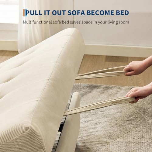 GarveeHome 3 in 1 Convertible Sleeper Sofa Bed, Corduroy Futon Couches with Pull-Out Bed, Adjustable Backrest, Charging Port & Side Pockets