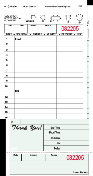 National Checking Company Carbon Backed Guest Check Board - 2 Part Green, 15 Line, 4.20 x 8.25 inch - 2500 per CASE.