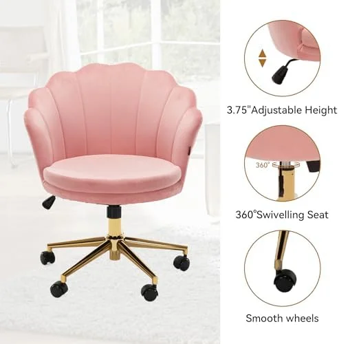 RUNFAYBIU Velvet Swivel Vanity Chair with High Backrest  Chair Upholstered Desk Chair with Wheels Adjustable Seashell Back Home Office Chair for