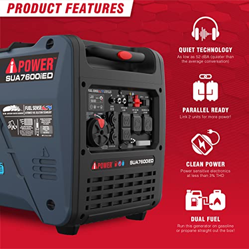 A-iPower 7600W Dual Fuel Quiet Portable Inverter Generator, Electric Start RV Ready, EPA & CARB Compliant CO Sensor