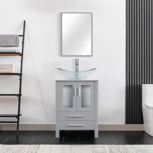 eclife 24" Bathroom Vanity Sink Combo Grey Stand Cabinet Set with Mirror (24-B02GY)