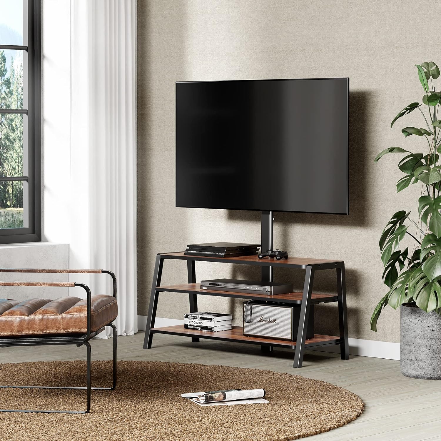 FITUEYES 3-Tier Floor TV Stand for 37-70 Inch TVs Entertainment Center Stand with Storage-Height Adjustable TV Console Stands with Golden Walnut