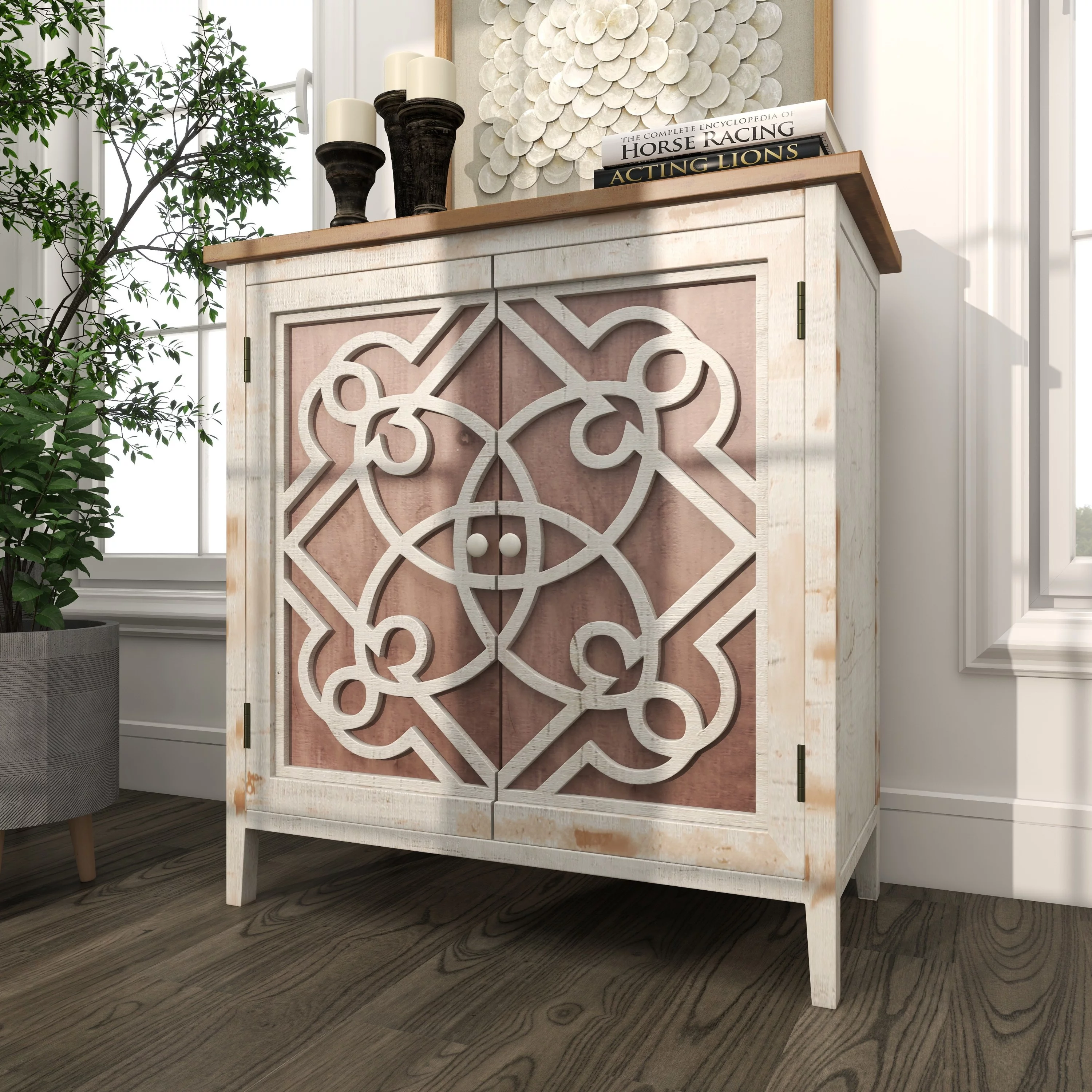 DecMode 28" x 31" Light Brown Wood 1 Shelf and 2 Door Geometric Cabinet with Carved Relief Overlay, 1-Piece