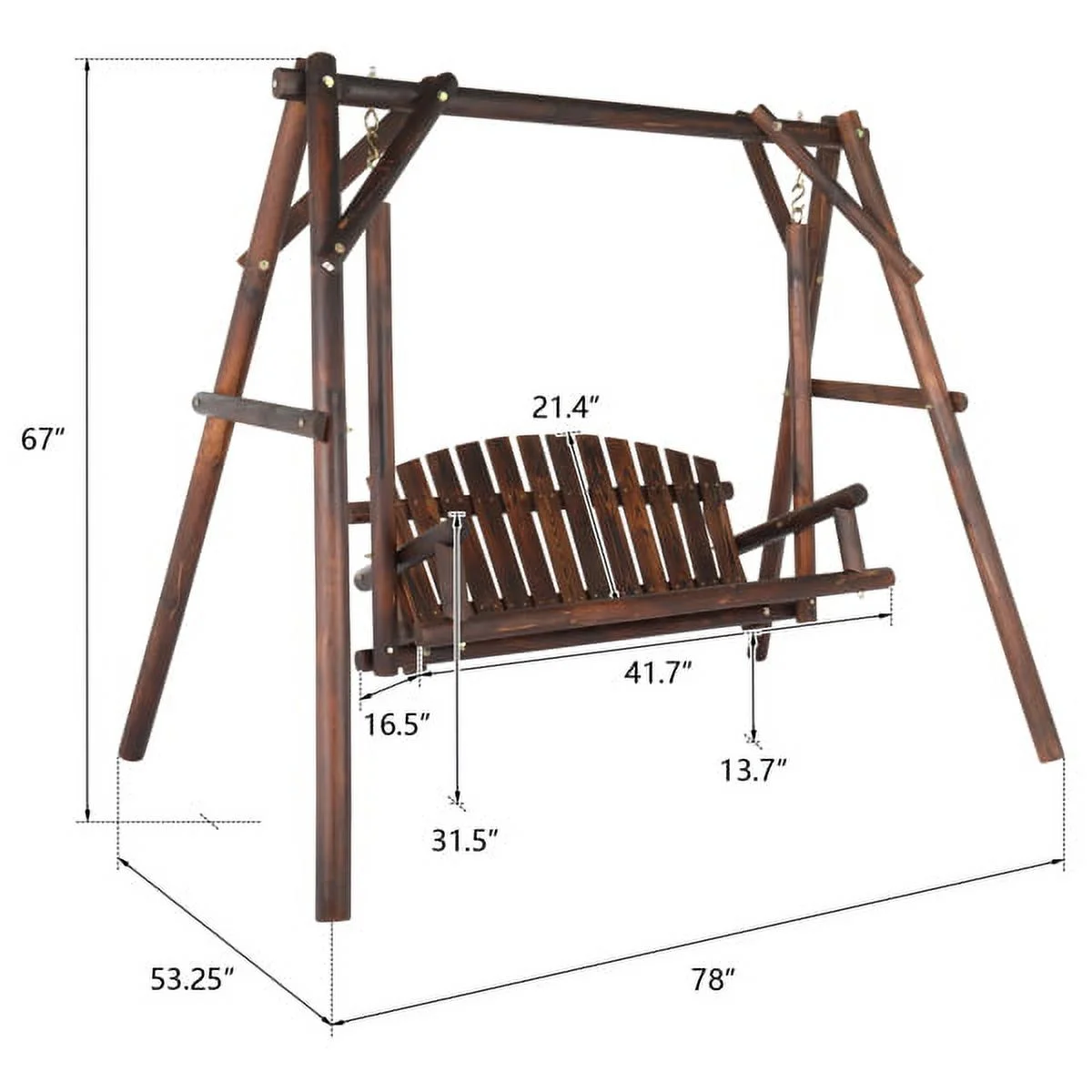 6.5ft Hardwood Patio Garden Outdoor Porch Swing with Stand, Rustic Loveseat Swing Chair for 2 Person, Carbonized