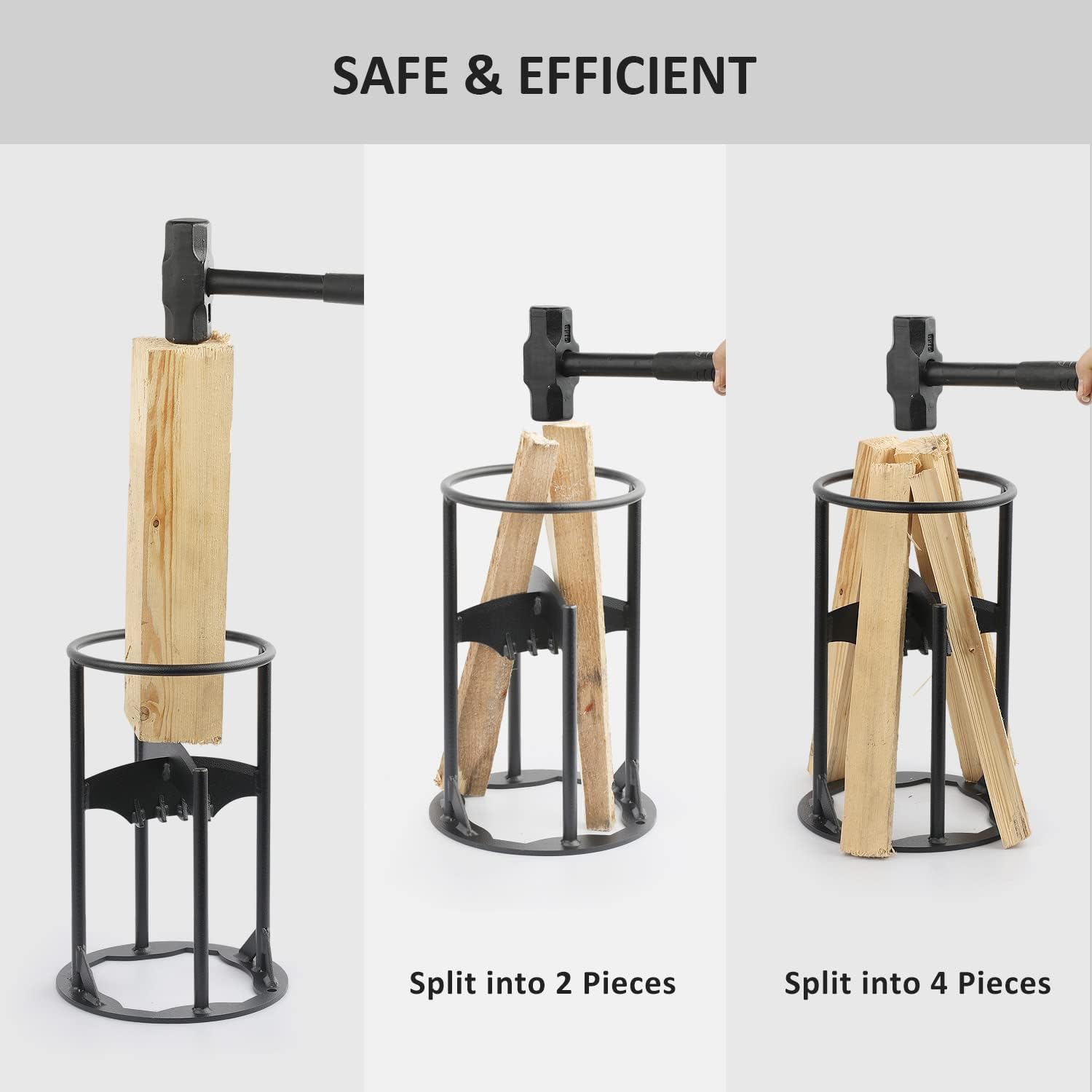 Wood Kindling Splitter with Hammer, Quick Split into 2/4 pcs, up to 7" dia Wood, Carbon Steel Made Manual Log Splitter