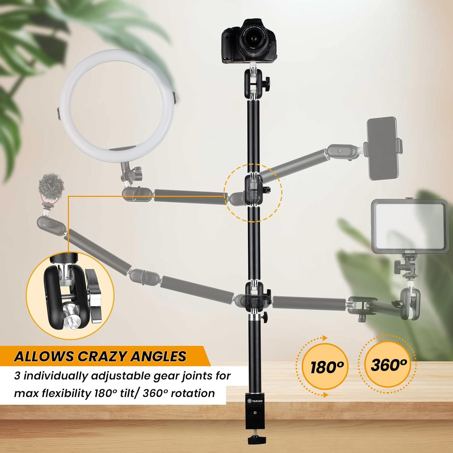 TARION Desk Camera Mount Stand Articulating Camera Arm Holder Heavty Duty Articulated Camera Mount Stand Adjustable Flexible Gear Joints TKA01-M