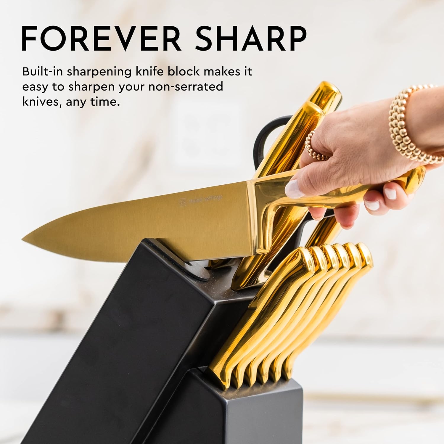 Black and Gold Knife Set with Block Self Sharpening