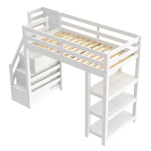 Gaming Bed with Desk,Wardrobe,Ample Storage Space,and RGB LED Light, Full Size Wood Loft Bed for Kids Bedroom (Cloud Blue/K)
