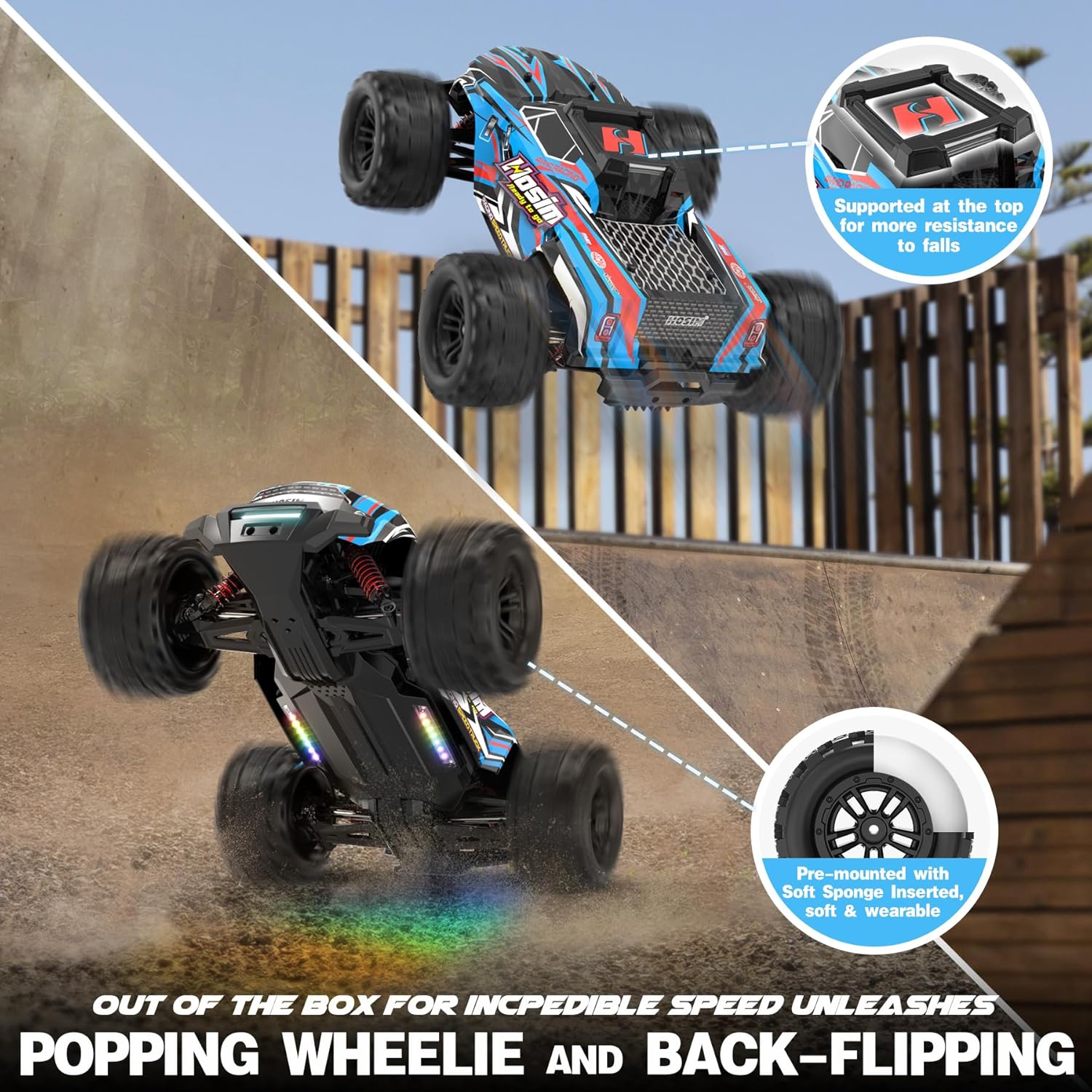 Hosim 1:14 RC Cars with Colorful LED Lights & 1:10 Scale 48+ KMH Remote Control Car for Adults Boys