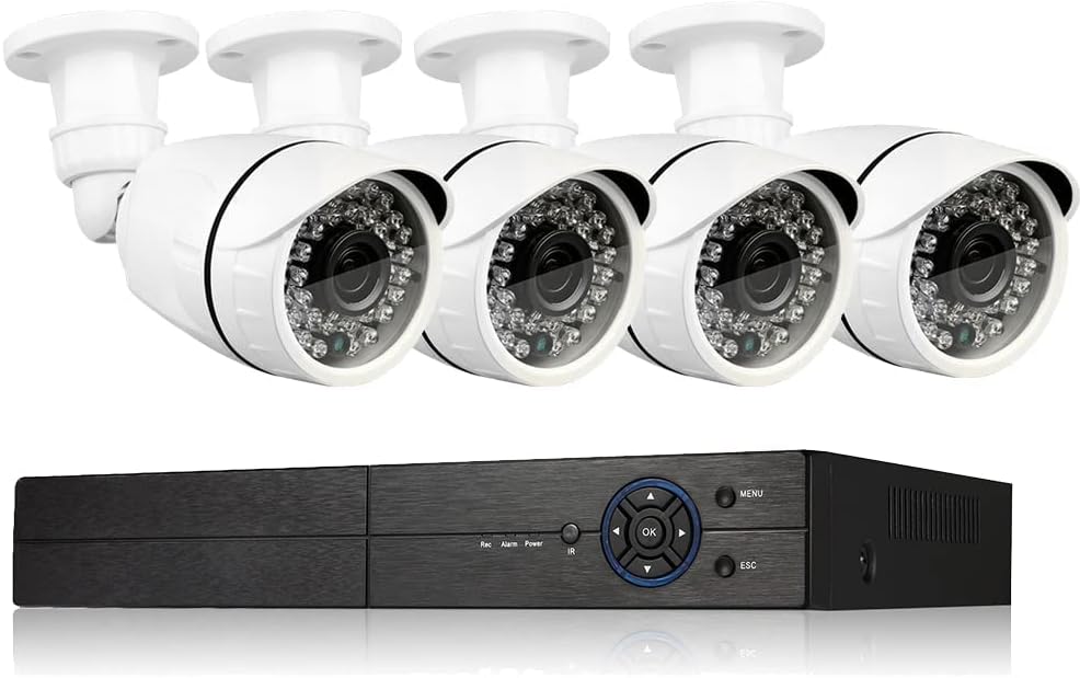 Eversecu 4 Channel Security Camera System 1080P DVR and (4) 1.0MP 720P Weatherproof Cameras Support Night Vison Weatherproof, Motion Alert