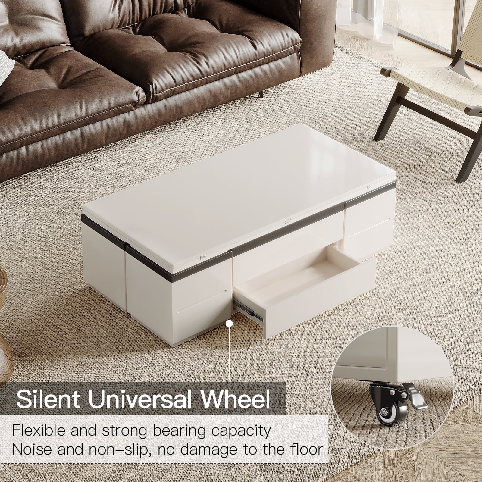 Guyii 47" Lift Top Coffee Table with 4 Stools, White Coffee Table Converts to Dining Table for 4-6 Person, Mobile Table with Drawers for Living Room