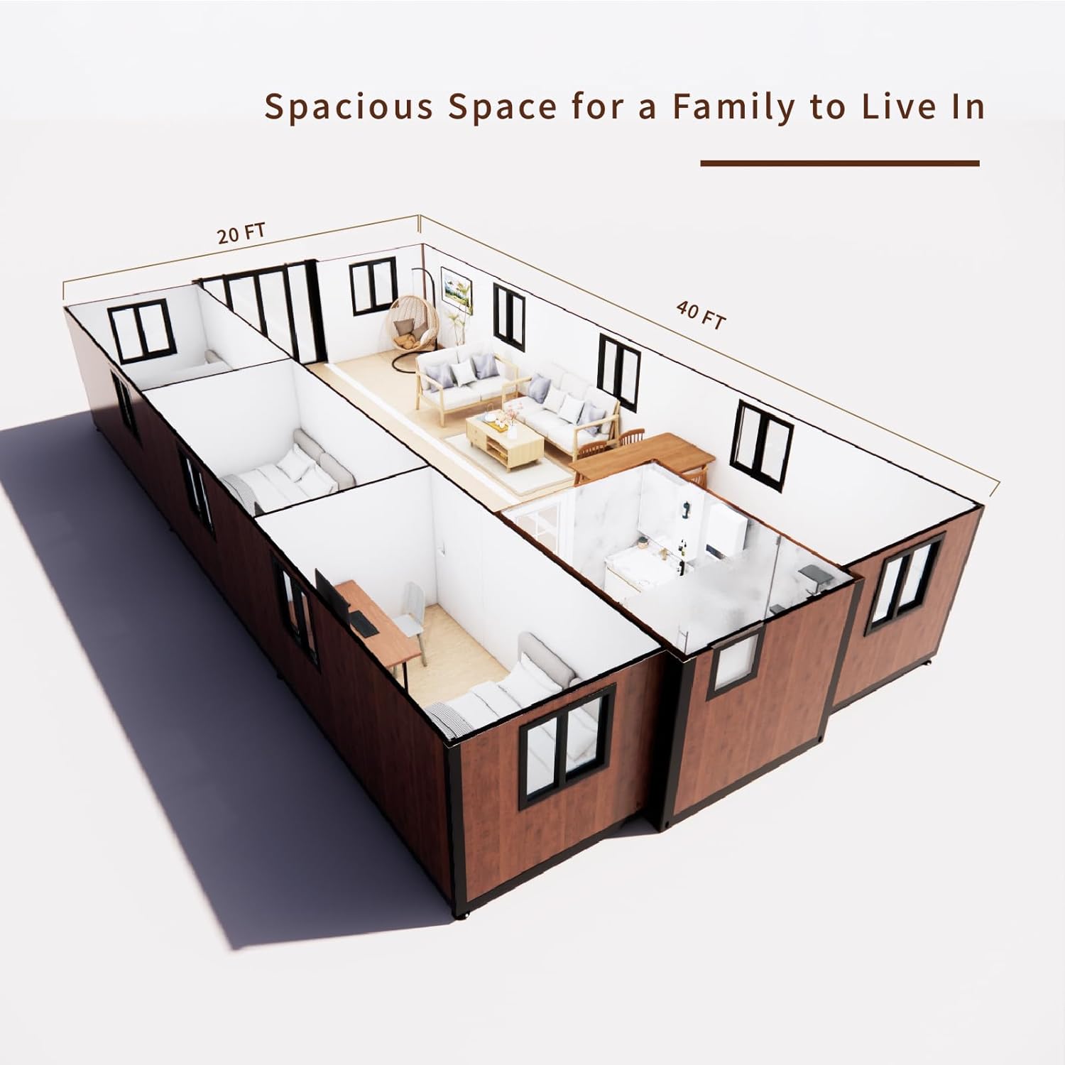40FT Tiny House to Live in,Portable Prefab House with 3 Bedroom,1 Full Equiped Bathroom and Kitchen,Prefabricated Container House for Adults Living