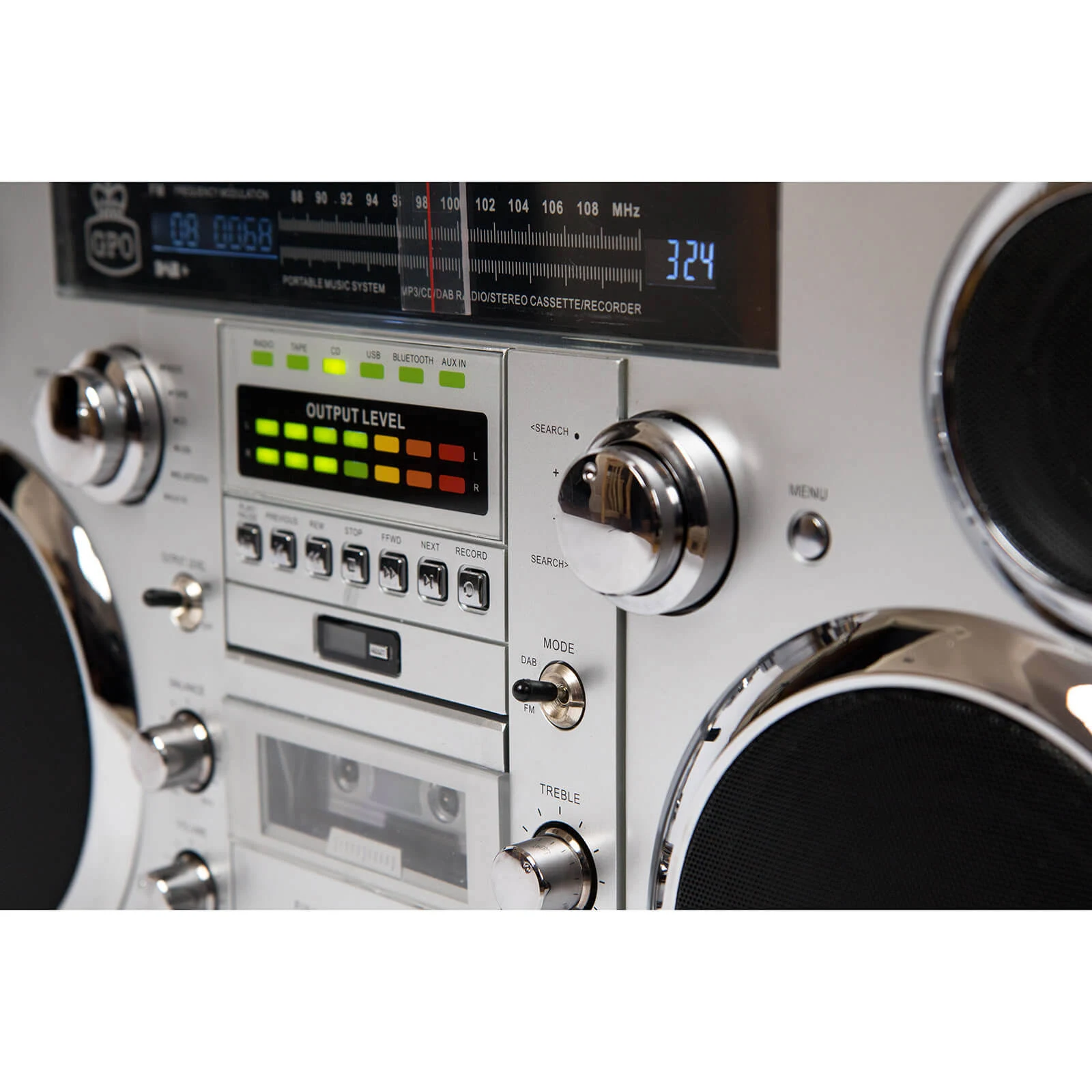 GPO Brooklyn Bluetooth Boombox 80W CD Cassette FM USB Recording Silver