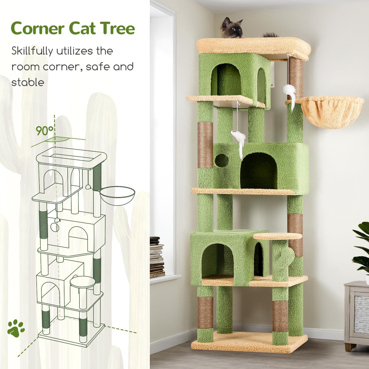 Corner Cactus  Tree 66 inch Multi-Level Cactus Climbing Tower Kitty Condos   Tower for Indoor Multiple Cats with Large Platform, 3  Caves, F66,