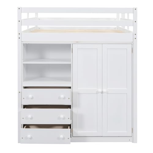 Full Size Loft Bed with Desk & Wardrobe, Solid Wood Kids Loft Bedframe w/3 Storage Drawers & 2 Shelves, Maximum Space Design, for Bedroom, Dorm, Gray