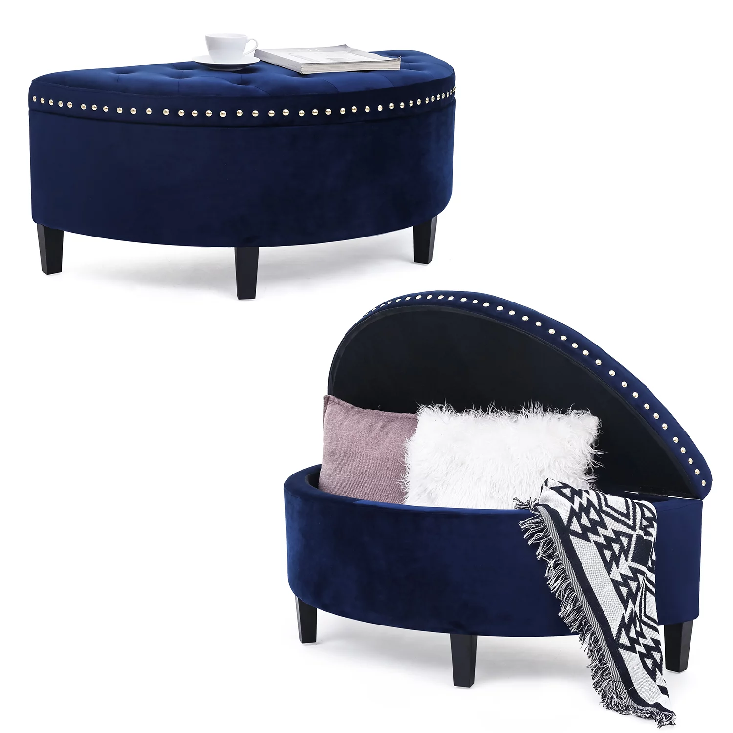 Homebeez 43.5" Half Moon Storage Ottoman, Button Tufted Bedroom Bench for Entryway Living Room, Dark Blue