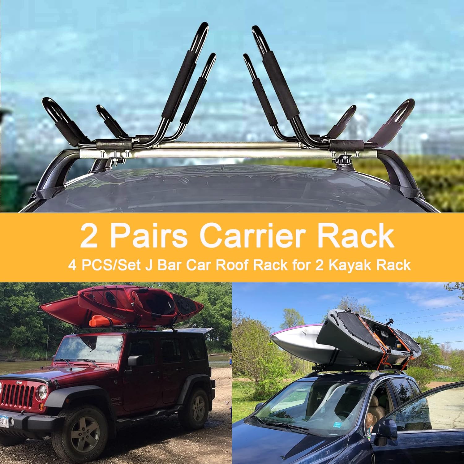PIRIPARA Kayak Roof Rack 2 Pairs J-Bar Carrier Holder for Canoe, SUV, Cars, Truck, Car Top Mount Racks for Trip, Set of 4 Pack of 2