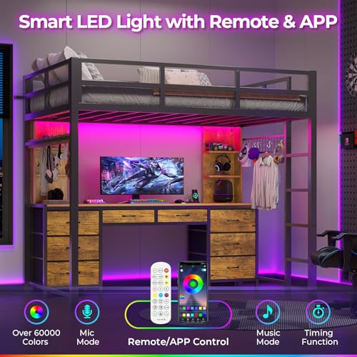 ADORNEVE Full Size Loft Bed with Desk and 8 Storage Drawers, Metal Loft Beds Full with LED Lights & Charging Sation