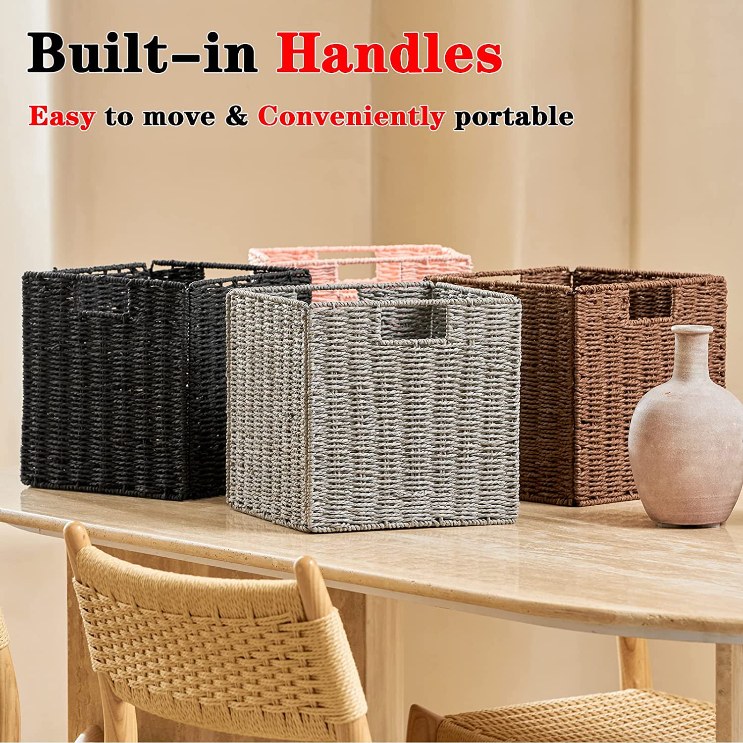 Wicker Basket, Set of 2 Hand-Woven Wicker Storage Basket, Foldable 11 inch Cube Storage Bins, Storage Baskets for Organizing Shelves