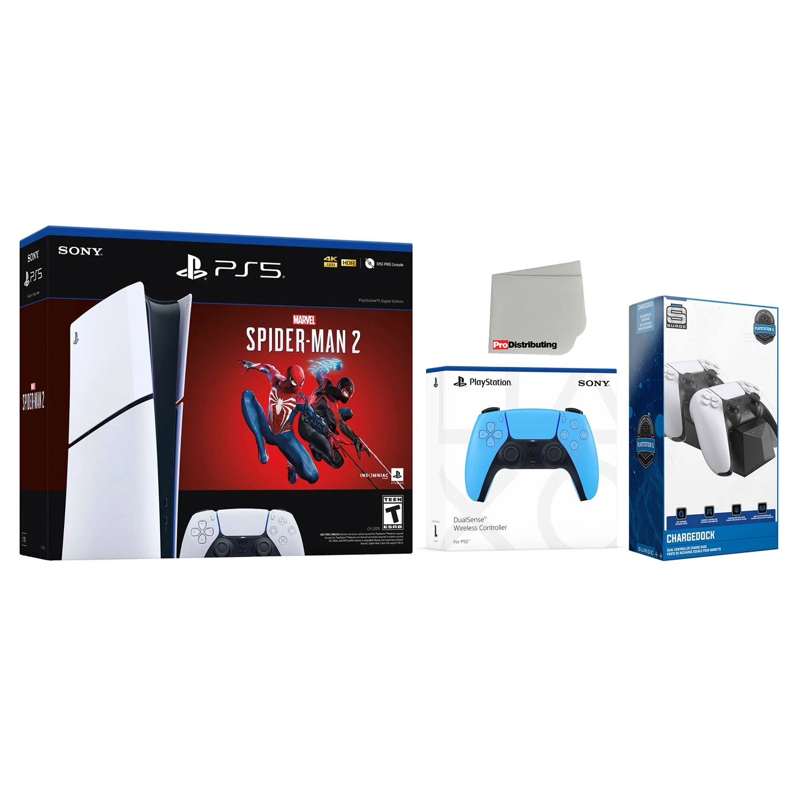Sony PlayStation 5 Digital Slim Marvel&rsquo;s Spider-Man 2 Bundle with Extra Starlight Blue Controller and Charging Dock