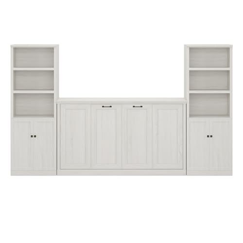 SOFTSEA Twin Size Murphy Bed with 2 Side Cabinet Storage Shelf, Horizontal Murphy Bed with Bookcase