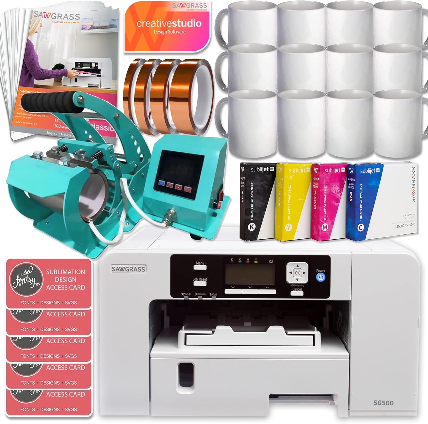 Sawgrass UHD Virtuoso SG500 Sublimation Printer Starter Bundle with Inks, Mug Heat Pres, Sublimation Paper, Tape, Blanks