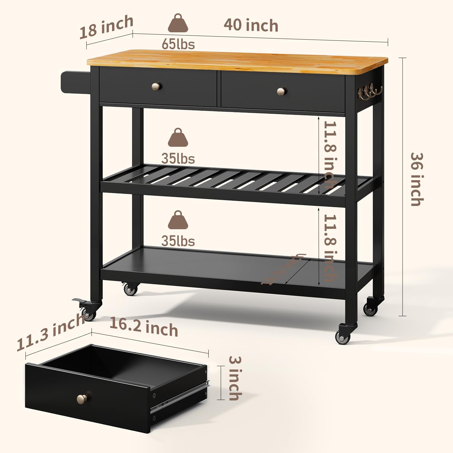 Gizoon Kitchen Island Cart with Storage, 40’’ Wooden Top, 2 Tiers Spacious Shelves and Towel Bar