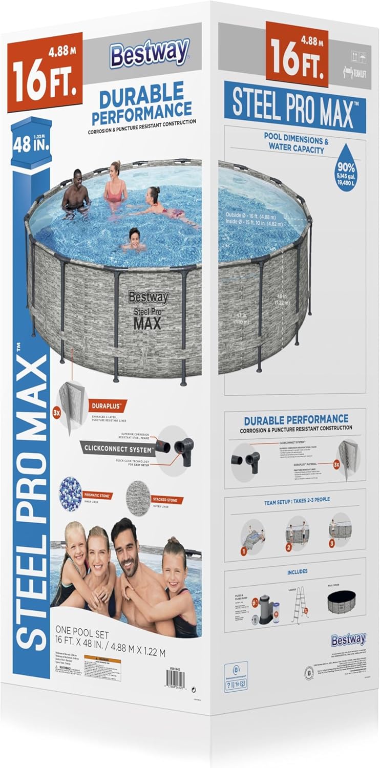 Bestway Steel Pro MAX Above Ground Swimming Pool Set (16' x 48") | Round Outdoor Backyard Family Pool Features Realistic Stone Pool Liner | Includes