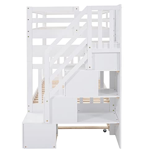 Ball & Cast Twin-Over-Twin Bunk Bed with Twin-Size Trundle and 3 Storage Stairs,Wood Bunkbed w/Full-Length Guardrails,Slat Support