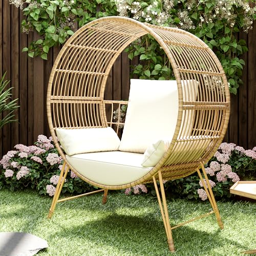 Brafab Outdoor Egg Chair, Oversized Wicker Patio Chairs with 6.69'' Cushions, 350LBS Capacity, Indoor Round Rattan Nest Chair with Stand