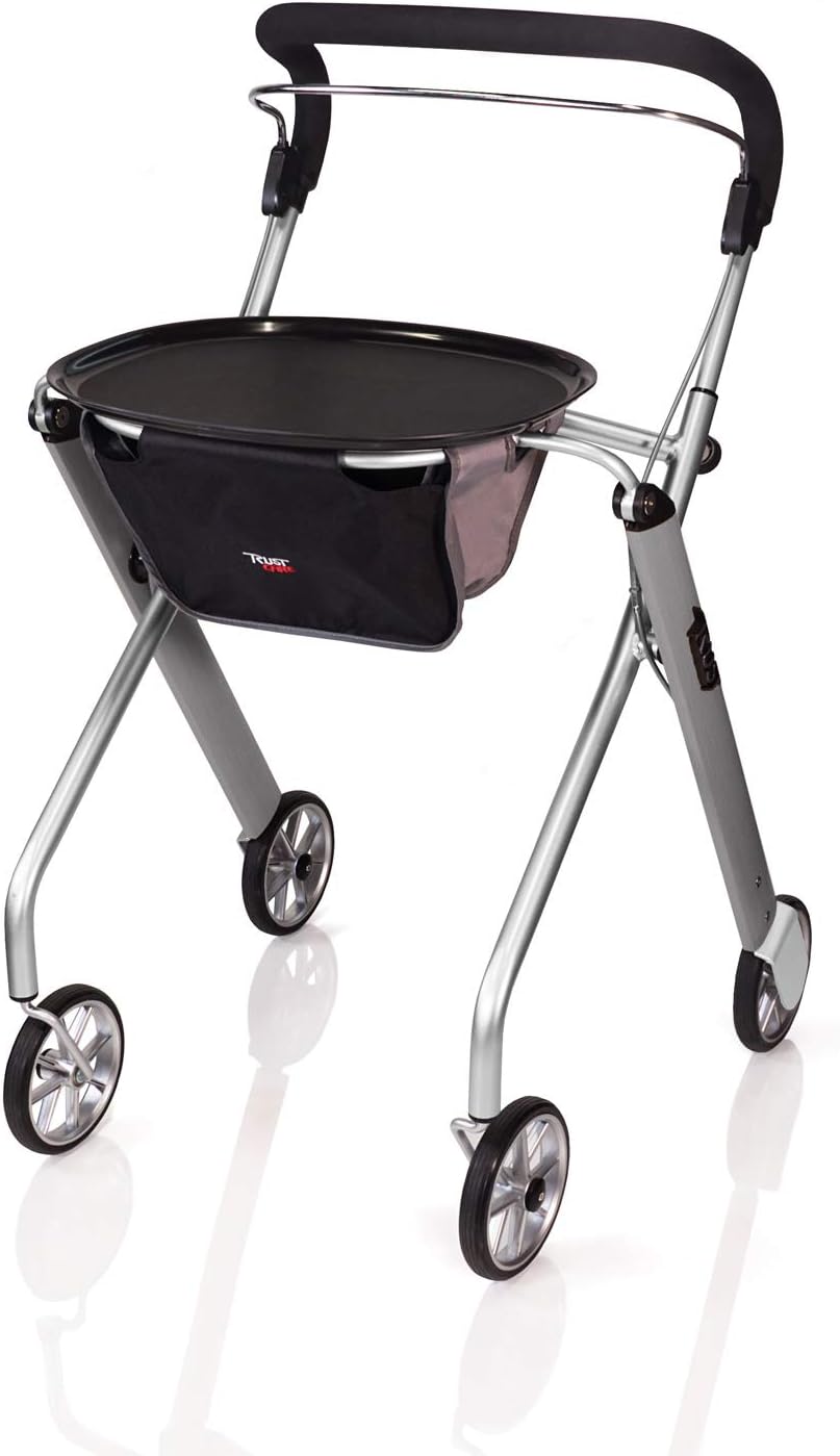 Stander Let’s Go Indoor Rollator, Lightweight Four Wheel Euro Style Walker with Tray, Folding Mobility Aid for Seniors by Trust Care, Beech