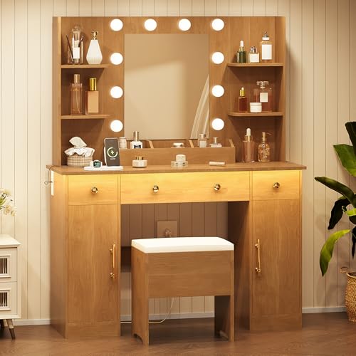 Vanity Desk with Mirror and Lights, Makeup Vanity with Charging Station & Vanity Stool