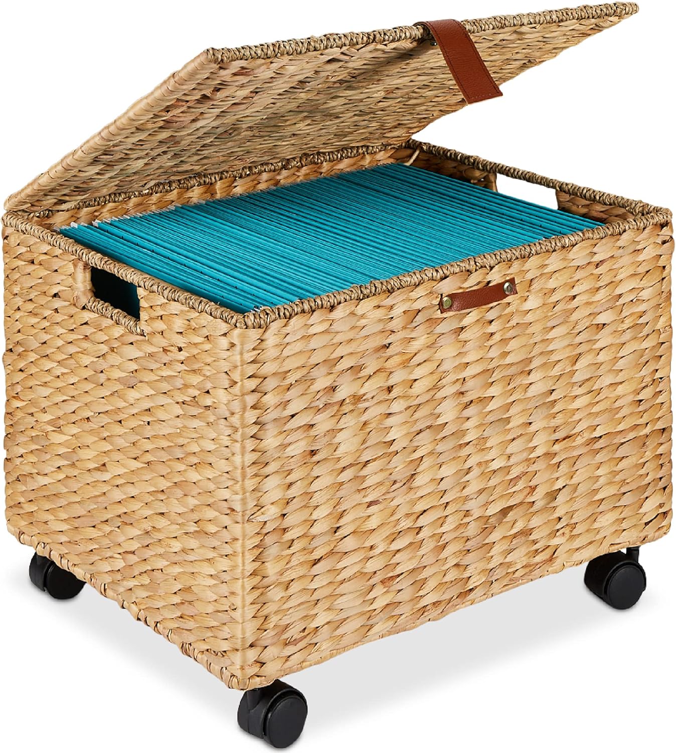 Best Choice Products Water Hyacinth Rolling Filing Cabinet, Woven Mobile Storage Basket, Portable File Organizer for Legal & Letter Size Memos w/Lid