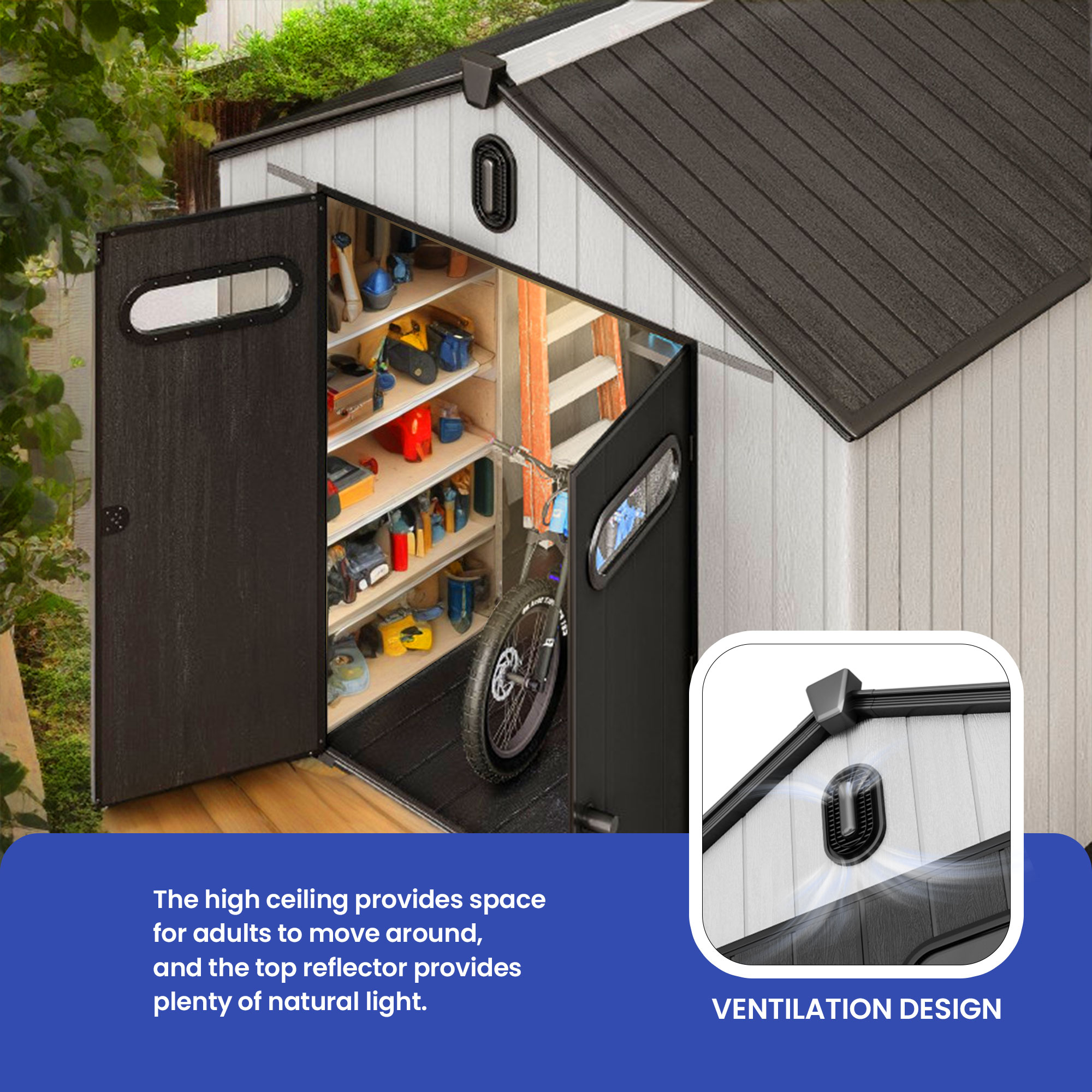 ModFusion 8x8 Ft Improved Natural Light, Outdoor Resin Storage Shed, 2 Door with Lock, Floor, Gable Roof, Windows, Air Vent, for Bike, Trash Can