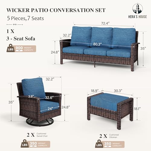 HERA'S HOUSE High Back Patio Furniture Set with Swivel Chairs, Outdoor Wicker Conversation Sets with 5.5" Comfy Cushions, 4 Piece Outside Sofa Sets