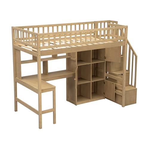 Gaming Bed with Desk,Wardrobe,Ample Storage Space,and RGB LED Light, Full Size Wood Loft Bed for Kids Bedroom (Cloud Blue/K)