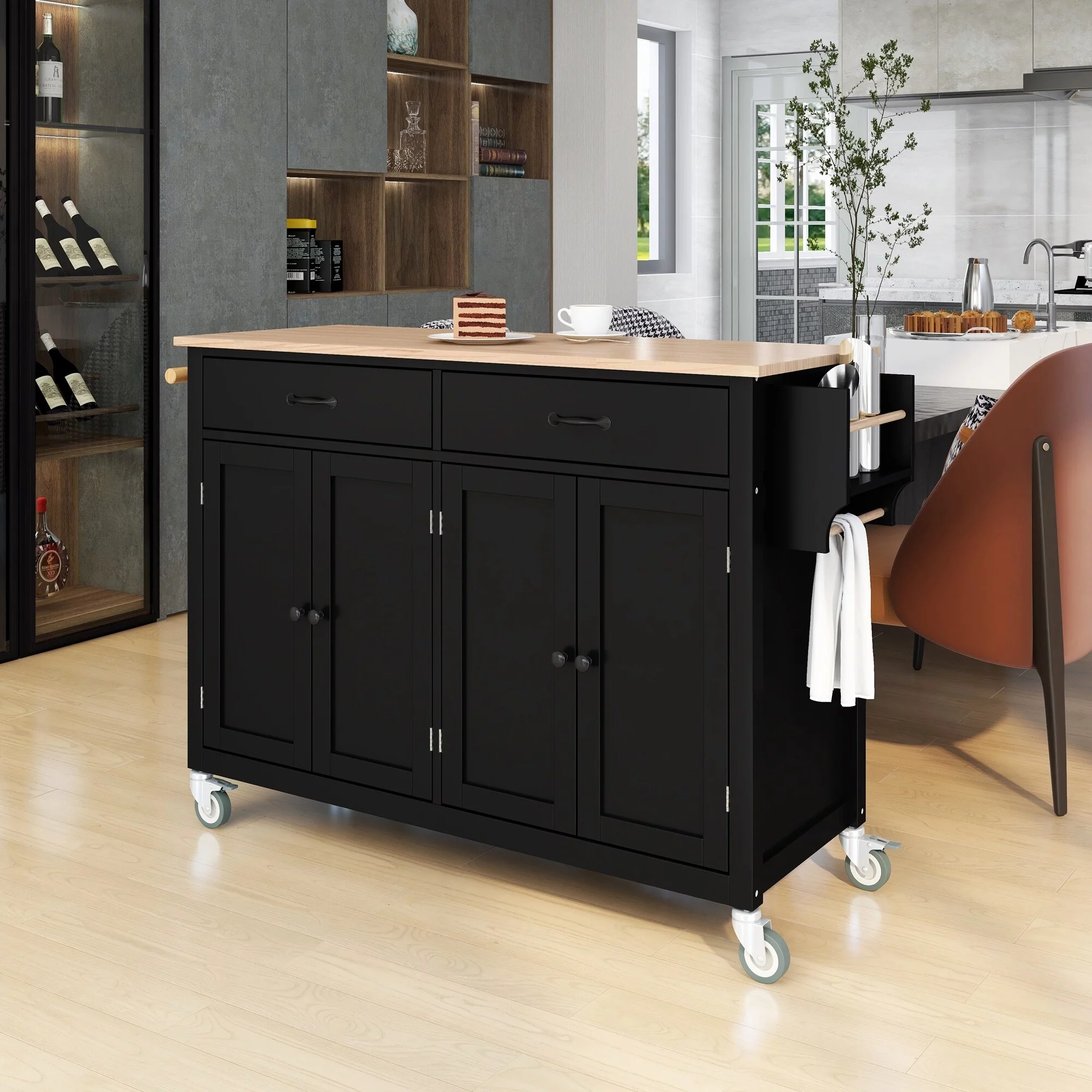 ANDEONLINE IN 2-Drawer Rolling Kitchen Island Cart with Solid Wood Top & Door Cabinets Mint Green