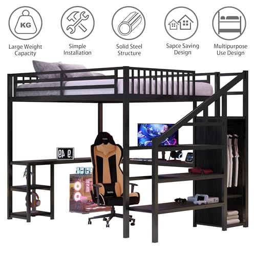 Full Size Loft Bed with Desk and Stairs,Metal Gaming Loft Bed Full with Wardrobe and Shelf, High Loft Bed with LED & USB Charging Station for Teens