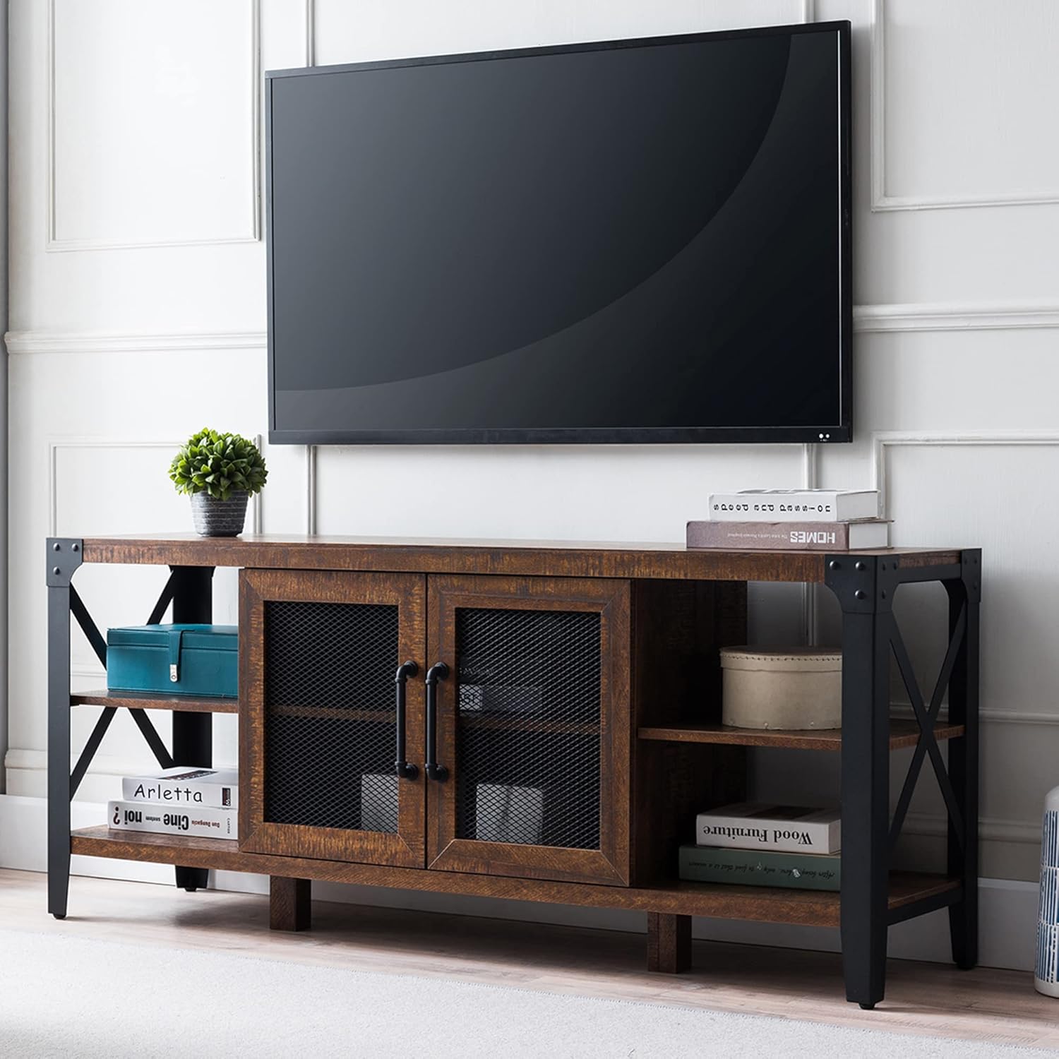 OKD TV Stand Industrial Entertainment Center Rustic Media Console Cabinet Tall High Wood Large Brown for 65 inch TV, with Sturdy Metal Side X-Frame